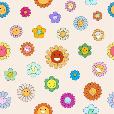 Groovy seamless patterns with funny happy daisy. Colorful cute flowers smiling happily.