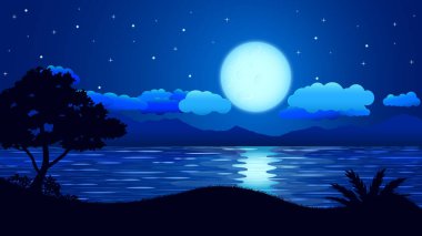 A beautiful night landscape, a big beautiful moon among fluffy cute clouds that shines over a lake near the mountains, silhouettes of a tree, bushes and grass on the shore