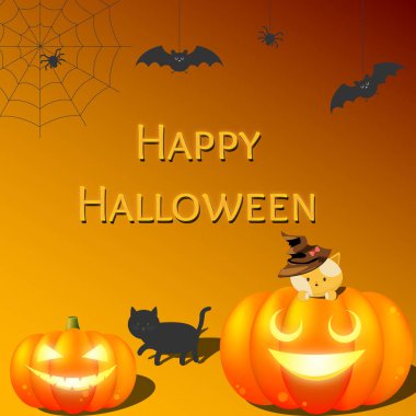 halloween background with pumpkin jack-o-laterns, with cute red cat with white spots in a witch's hat and black cat, there is a cobweb in the corners, spiders descend on the strings and bats fly