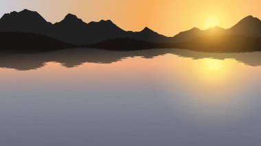 Sunset by the lake near the mountains. Beautiful nature, calm water, mighty mountains behind which hides the sun.