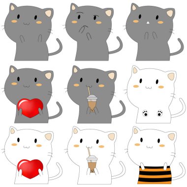 Cartoon funny cats stickers design. Gray and white cute cats for stickers and emojies, cats with boba tea, heart.