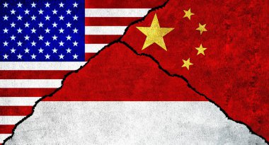 ABD, Çin ve Endonezya bayrağı duvarda birlikte. ABD, Endonezya ve Çin arasındaki diplomatik ilişkiler