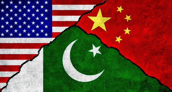 USA, China and Pakistan flag together on wall. Diplomatic relations between United States of America, Pakistan and China