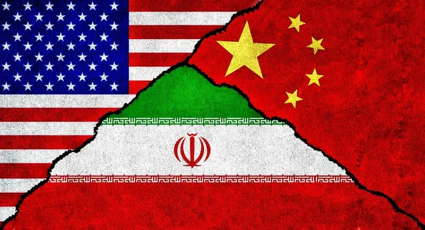 USA, China and Iran flag together on wall. Diplomatic relations between United States of America, Iran and China