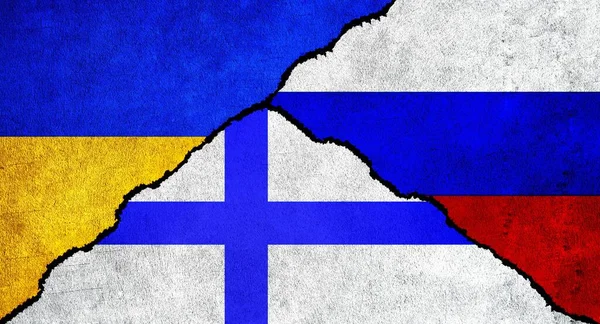 Oroszország Ukrajna Finnország Zászlója Együtt Falon Oroszország Finnország Ukrajna Közötti — Stock Fotó