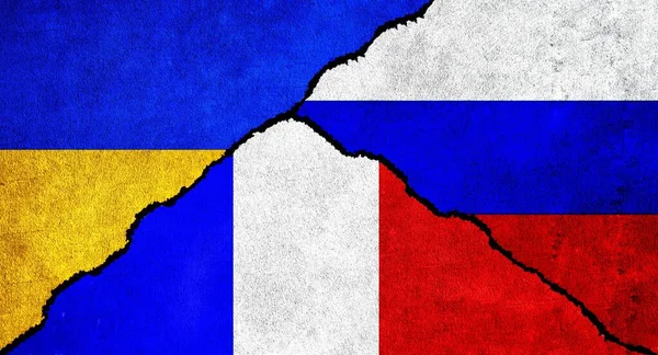 Oroszország Ukrajna Franciaország Zászlója Együtt Falon Oroszország Franciaország Ukrajna Közötti — Stock Fotó