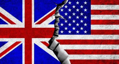 Kırık bir duvarda ABD ve Birleşik Krallık (İngiltere) bayrakları. Amerika Birleşik Devletleri ve Birleşik Krallık (İngiltere) ilişkileri. Büyük Britanya ve ABD bayrakları