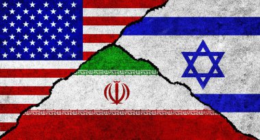 ABD, İran ve İsrail arkaplanda birlikte bayrak sallıyor. İsrail, İran ve Amerika Birleşik Devletleri arasındaki diplomatik ilişkiler