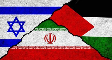Filistin, İran ve İsrail bayrağı dokulu bir arka planda birlikte. İsrail, İran ve Filistin arasındaki çatışma