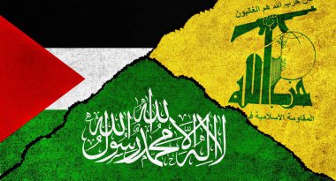 Filistin, Hamas ve Hizbullah bayrağı dokulu bir arka planda birlikte. Hizbullah, Hamas ve Filistin arasındaki ilişkiler