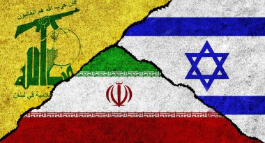 Hezbollah, Iran and Israel flag together on a textured background. Conflict between Israel, Iran and Hezbollah concept clipart