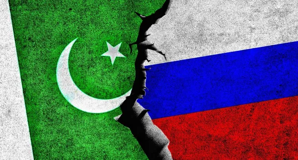 Bandera Rusia Pakistán Pared Con Grieta Conflicto Entre Rusia Pakistán — Foto de Stock