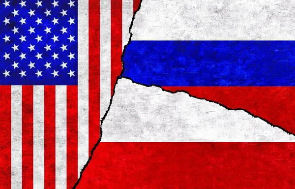 USA, Russia and Poland painted flags on a wall with a crack. United States of America, Poland and Russia conflict