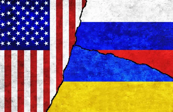 USA, Russia and Ukraine flags on a wall with a crack. United States of America, Ukraine and Russia relations