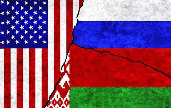 USA, Russia and Belarus painted flags on a wall with a crack. United States of America, Belarus and Russia relations