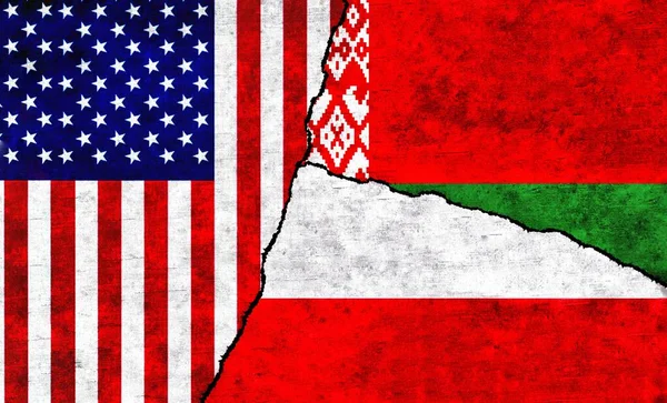 USA, Poland and Belarus flags on a wall with crack. United States of America, Belarus and Poland relations