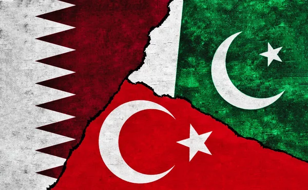 stock image Pakistan, Turkey and Qatar painted flags on wall with crack. Qatar, Turkey and Pakistan relations