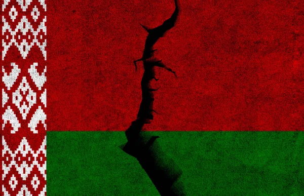 Belarus flag on cracked wall background. Belarus crisis, political division, conflicts concept