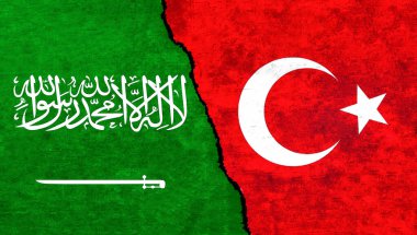 Suudi Arabistan ve Hindi bayrakları duvarda birlikte. Türkiye Suudi Arabistan ilişkileri, ekonomi, çatışma, uzlaşma kavramı. Suudi Arabistan Türkiye 'ye Karşı