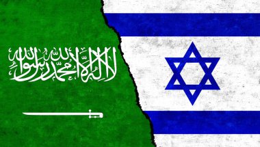 Suudi Arabistan ve İsrail bayrakları duvarda birlikte. İsrail Suudi Arabistan ilişkileri, ekonomi, çatışma, uzlaşma kavramı. Suudi Arabistan İsrail 'e Karşı