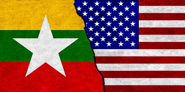 ABD ve Myanmar bayrağı desenli duvarda birlikte. Myanmar ile Amerika Birleşik Devletleri arasındaki ilişkiler