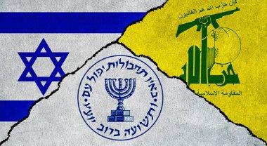 Israel, Hezbollah and Mossad flags on cracked wall. Mossad, Hezbollah and Israel conflict clipart