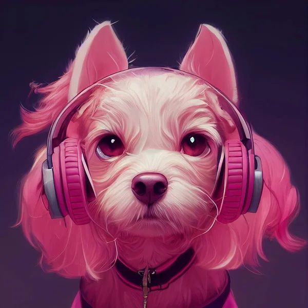 cute pink dog with headphones listens to music . High quality illustration
