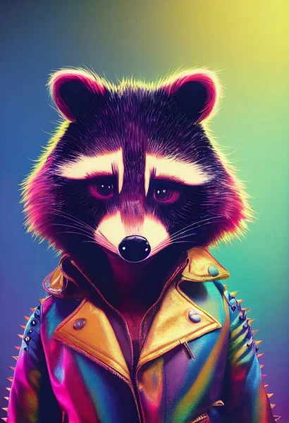 Anthropomorphic cute raccoon dressed in leather jacket looks like pop star . High quality illustration