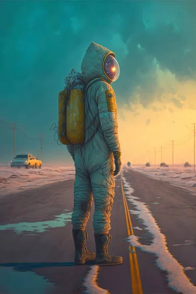 Person wearing gas mask respirator standing after nucler explosion . High quality illustration