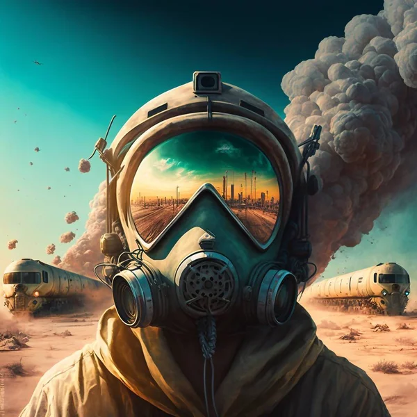 Person wearing gas mask respirator standing near explosion in desert . High quality illustration
