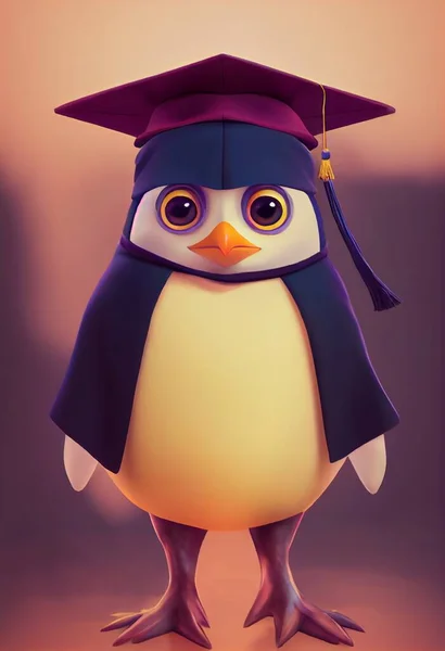 Cartoon Style Pinguin College Student Wearing Student Gown Graduation Cap Fotos De Bancos De Imagens