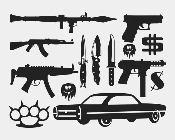 Räuber Waffen Zeug Element Gangster Bösewicht Klinge Schießen Pistole Vektor — Stockvektor