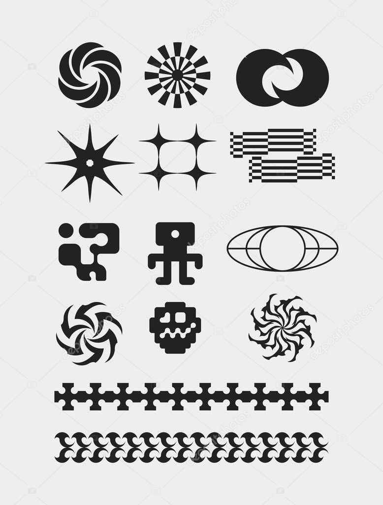 Abstract icon shape symbol set bundle geometric spiral brutalism acid element template clip art vector editable