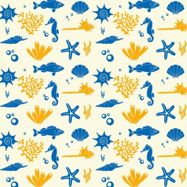Deniz yaşamı çizim deseni, kabuk, deniz tarağı, denizyıldızı, derin deniz arka planı silüeti yazdırılabilir.