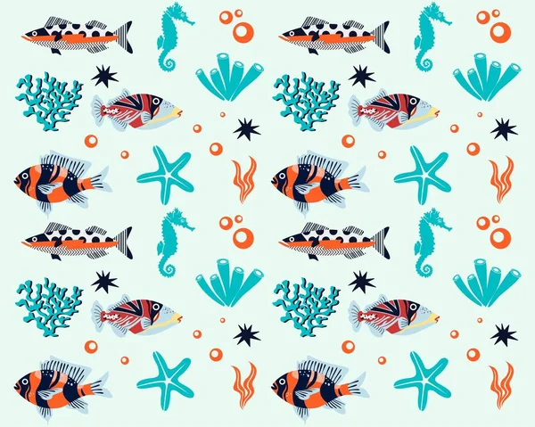 Marine Life Illustration Pattern Vector Corral Shell Scallop Starfish Deep — Stock Vector