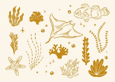 Deniz yaşamının klasik tasviri, mercan resifi, deniz bitkileri, derin deniz arka planı silueti baskılanabilir.