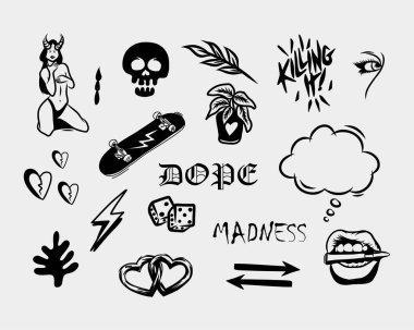 Vahşilik sokak giysisi asit element yapıştırma koleksiyonu süs posteri, dövme, kabile illüstrasyon vektörü ürkütücü ikon, düzenlenebilir sembol