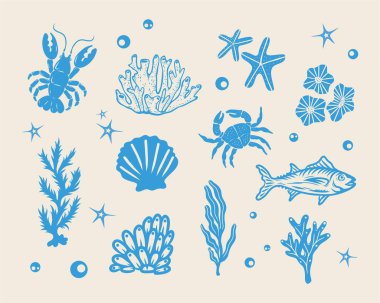Deniz yaşamının mavi okyanus çizim modeli mercan, kabuk, ıstakoz, denizyıldızı, derin deniz arka planı silüeti yazdırılabilir silüet