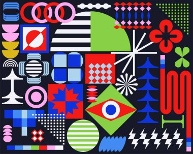 Abstract colorful geometric shape bauhaus pattern on black background layout banner brochure pint art editable