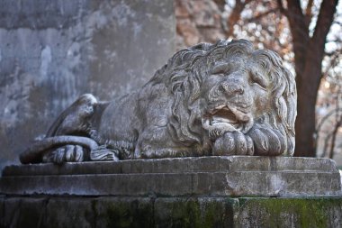 Taş aslan heykeli bir kaide üzerinde dinleniyor, sakin bir açık hava ortamı ile çevrili. Gücün, mirasın ve zamansız sanatın sembolü. Tarihi, kültürel veya sanatsal temalar için ideal