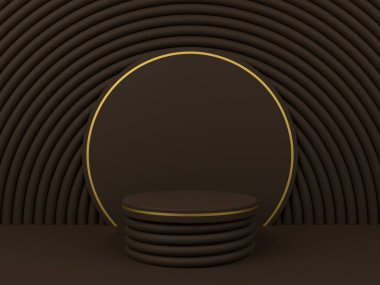 Ürün gösterimi için koyu kahverengi geometrik arka planı olan 3D minimalist podyum. Boş podyum ile soyut geometrik şekil arkaplanı. 3 Boyutlu Hazırlama.
