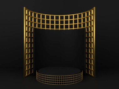 Ürün gösterimi için siyah soyut geometrik arka plana sahip 3D minimalist podyum. Boş podyum ile soyut geometrik şekil arkaplanı. 3 Boyutlu Hazırlama.