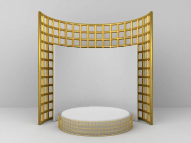 Ürün gösterimi için beyaz soyut geometrik arka plana sahip 3D minimalist podyum. Boş podyum ile soyut geometrik şekil arkaplanı. 3 Boyutlu Hazırlama.