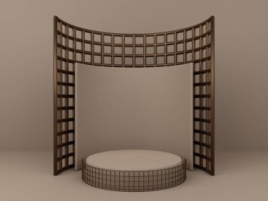 Ürün gösterimi için kahverengi soyut geometrik arka plana sahip 3D minimalist podyum. Boş podyum ile soyut geometrik şekil arkaplanı. 3 Boyutlu Hazırlama.