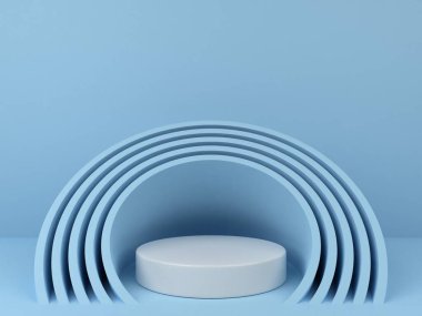 Ürün gösterimi için mavi soyut geometrik arka plana sahip 3D minimalist podyum. Boş podyum ile soyut geometrik şekil arkaplanı. 3 Boyutlu Hazırlama.