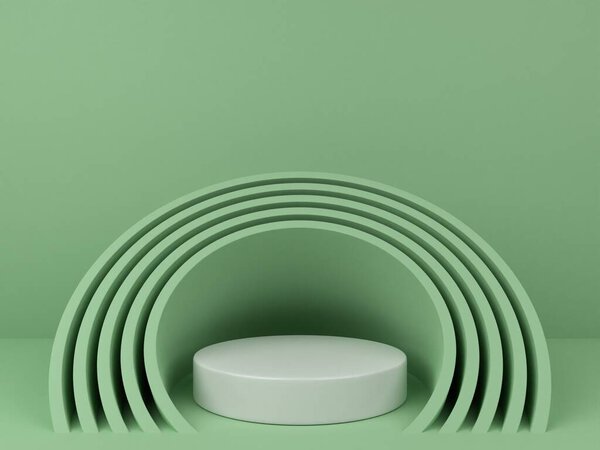 3D минималистский подиум с зеленым абстрактным геометрическим фоном для отображения продукта. Абстрактный геометрический фон с пустым подиумом. 3D рендеринг.