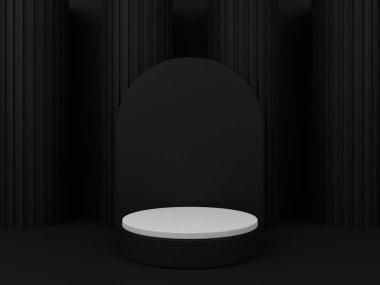 3D minimalist podium with black pillars background for product display. Abstract geometric shape background with pastel colors and empty podium. 3D render.