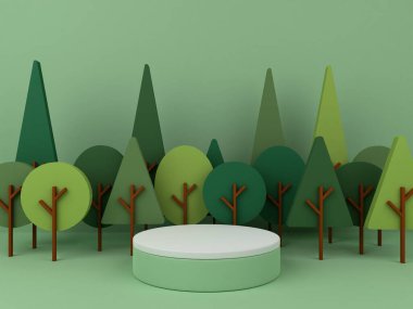 3D minimalist podium with tree background for product display. Nature background with pastel colors and empty podium. 3D render.