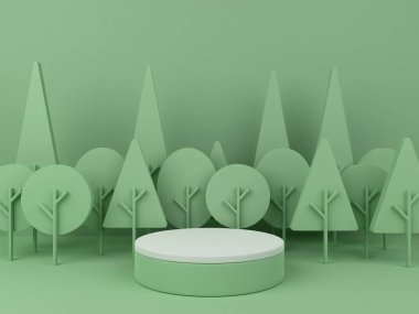 3D minimalist podium with green tree background for product display. Nature background with pastel colors and empty podium. 3D render.