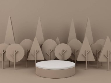 3D minimalist podium with brown tree background for product display. Nature background with pastel colors and empty podium. 3D render.